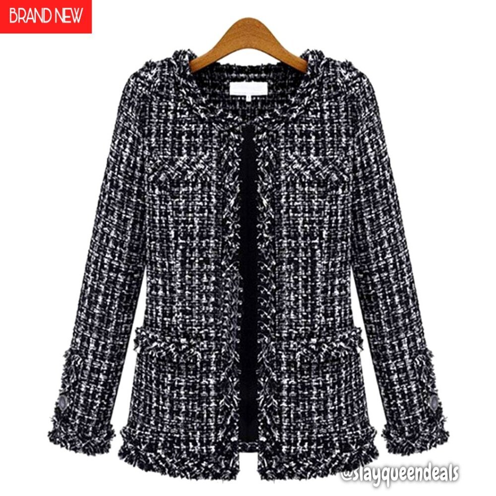 Women's Fringed Tweed Jacket Open Front Slim Fit Casual Blazer